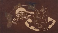 Katagami stencil with rabbits and a moon, between 1900 and 1952. Creator: Unknown.