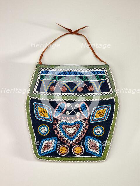 Hexagonal Beaded Pouch With Heart Design, 1870-1910. Creator: Unknown.