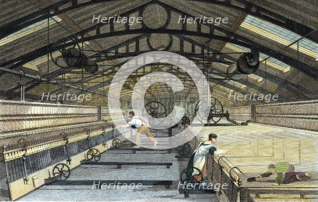 Cotton manufacture: mule spinning, c1830. Artist: Unknown