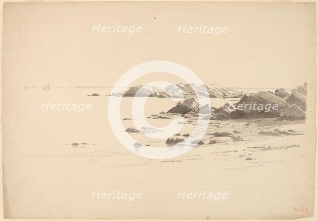 Rocklined Beach with Distant Boats, probably 1860/1869. Creator: William Stanley Haseltine.