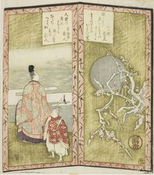 Plum blossoms and poet, from an untitled hexaptych depicting a pair of folding screens, c. 1825. Creator: Shinsai.