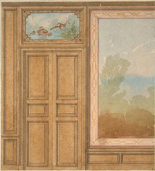 Elevation of a paneled wall with a mural or tapestry and a double doors surmounted..., 19th century. Creators: Jules-Edmond-Charles Lachaise, Eugène-Pierre Gourdet.