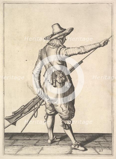 A soldier pulling out the ramrod from its holder, from the Musketeers series, plate 25, in Wap.... Creator: Unknown.