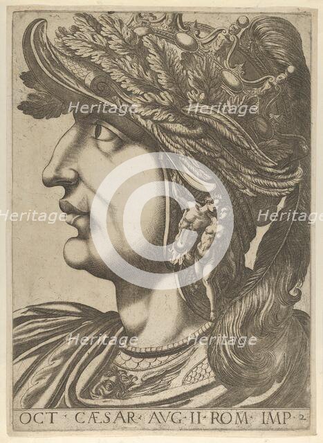 Plate 2: Octavian in profile to the left, from 'The Twelve Caesars', 1610-40., 1610-40. Creator: Anon.