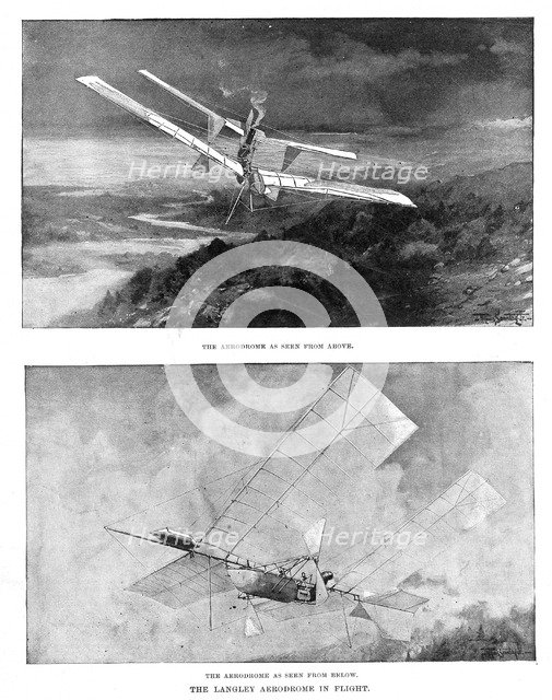 SP Langley's steam-powered model plane 'Aerodrome' viewed from above and below, 1902. Creator: Unknown.