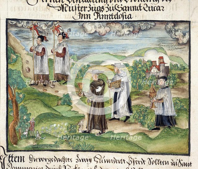 Priests and monks carrying banners, chalice, service books..., 1560-1632. Creator: Unknown.