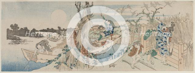 Landscape with Ferry Boat, Geese and Full Moon, early 1830s. Creator: Totoya Hokkei (Japanese, 1780-1850).