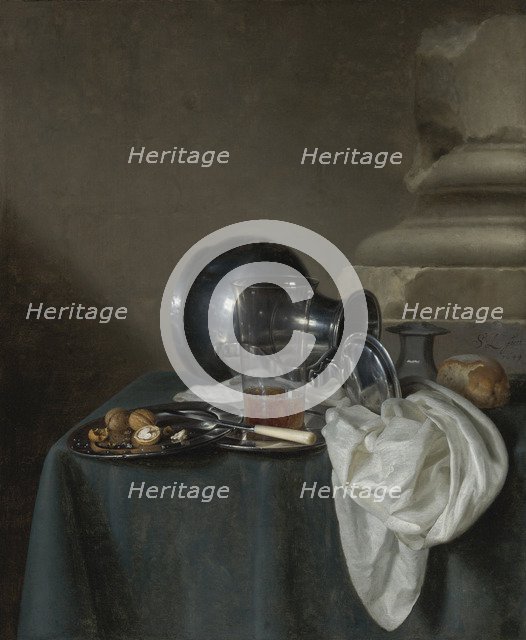 Still Life with a Pewter Jug, a glass of ale, a salt cellar and a bread roll.