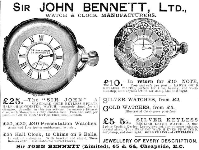 Advertisement for Sir John Bennett, Watch & Clock Manufacturers, 1890. Creator: Unknown.