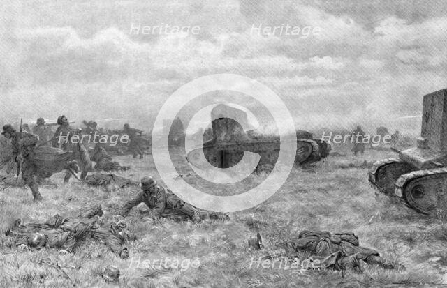 'Un charge de tanks; des tanks rapides de l'armee Britannique chargent et dispersent..., 1918. Creator: J Simont.
