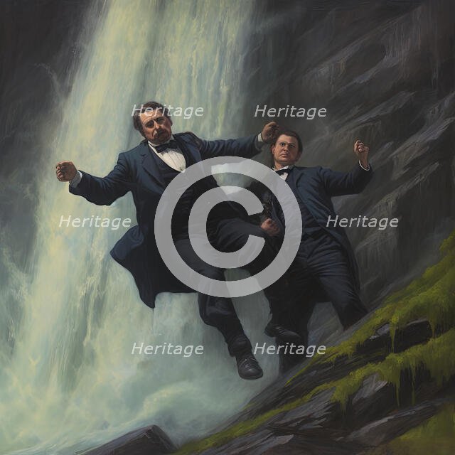 AI IMAGE - Sherlock Holmes and Professor Moriarty fighting on the Reichenbach Falls, 2023. Creator: Heritage Images.