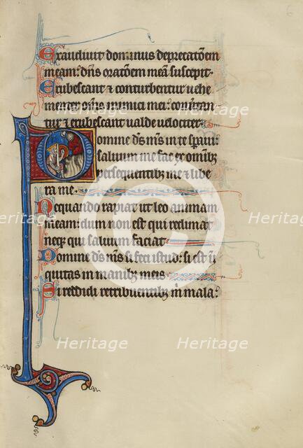 Initial D: David Confronting a Man Throwing a Stone at Him; Bute Psalter, about 1285. Creator: Bute Master.