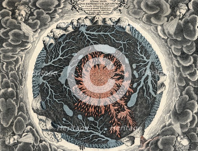 Sectional view of the Earth, showing central fire and underground canals linked to oceans, 1665. Artist: Unknown