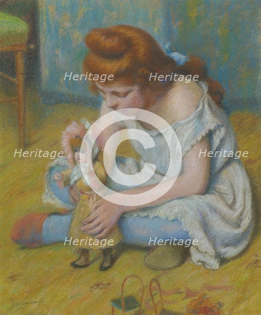 Yung girl playing with a doll.