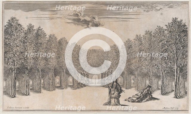 Two females in the foreground, one standing the other reclining, surrounded by tree-lined ..., 1668. Creator: Mathäus Küsel.