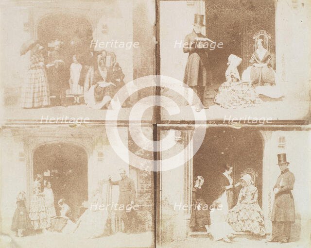 Contact sheet of four group portraits in a doorway, ca. 1850. Creator: Calvert Jones.