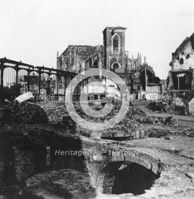 Damaged exterior of the Church of St Vaast, Armentières, France, World War I, c1914-c1918 Artist: Nightingale & Co