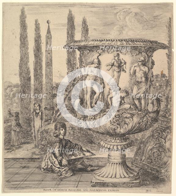 The Medici vase, a large vase to right decorated with a representation of the sacrifice of..., 1656. Creator: Stefano della Bella.
