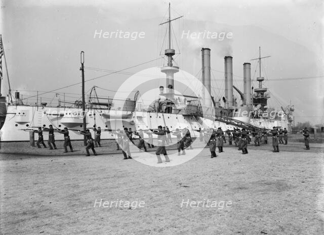 U.S.S. Brooklyn, Marine guard bayonet drill, (1897?). Creator: Unknown.