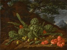 Still Life with Artichokes and Tomatoes in a Landscape. Creator: Meléndez, Luis Egidio (1716-1780)