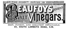Advertisement for Beaufoys Household Malt Vinegars, 1890. Creator: Unknown.