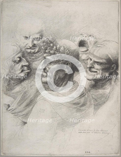 Five grotesque heads, including an elderly man with an oak leaf wreath, 1646., 1646. Creator: Wenceslaus Hollar.