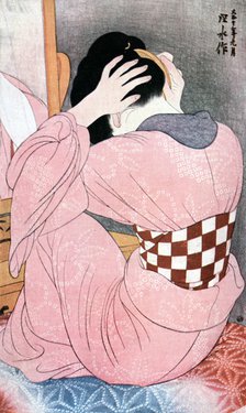'A Girl Dressing her Hair', or, 'Woman with an Undersash', c1921.Artist: Ito Shinsui