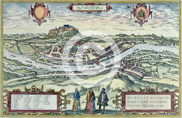 View of the city of Salzburg, on the banks of the Salzach River, with the Honensalzburg castle in…