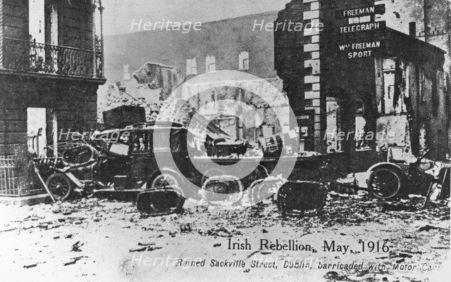 Barricade of cars, Anti-English Irish uprising, Dublin, May 1916. Artist: Unknown