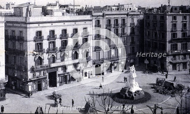 Theatre Square and statue to Frederic Soler 'Pitarra' on the Ramblas in Barcelona, 1905.