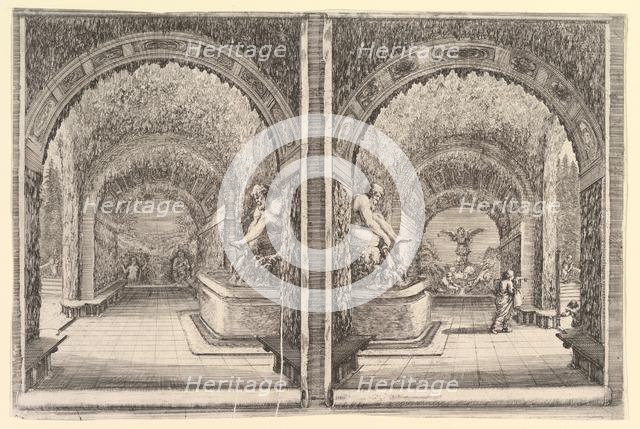 Two views of a grotto, both views with a fountain with a seated statue, seen from the ..., ca. 1653. Creator: Stefano della Bella.