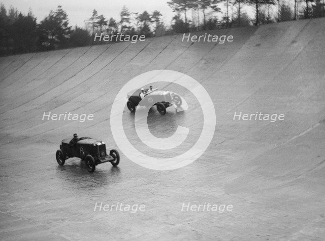 Alvis and Sunbeam stripped 4-seaters racing at a BARC meeting, Brooklands, Surrey, 1931 Artist: Bill Brunell.
