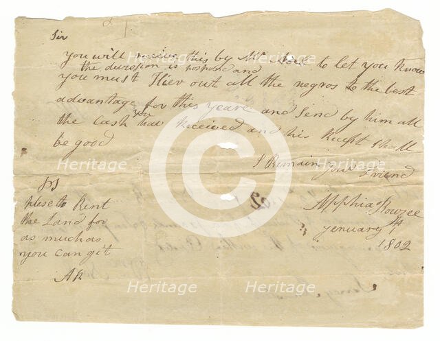 Letter and payment receipt for hire of enslaved persons owned by Apphia Rouzee, January 1, 1802. Creator: Unknown.