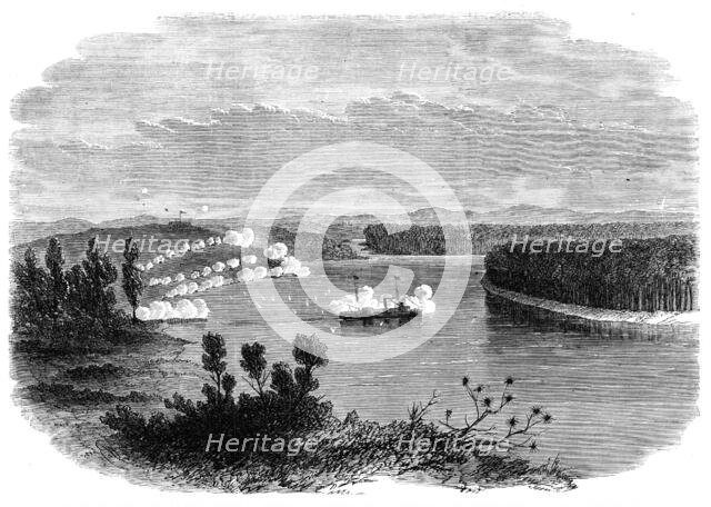 The War in New Zealand: the gun-boat Pioneer at anchor off Meremere, on the Waikato River..., 1864. Creator: Unknown.