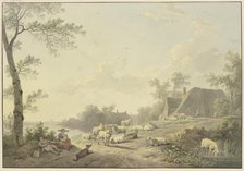 A flock of sheep by a path near farmhouses, 1803. Creator: Abraham Teerlink.