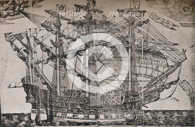 A woodcut of a ship which is believed to be The Ark Royal, c1587. Artist: Unknown.