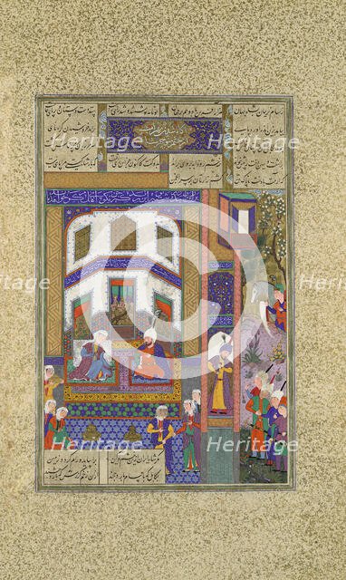 Mihrab Vents His Anger Upon Sindukht, Folio 83v from the Shahnama (Book of Kings)..., c1525-30. Creators: Qadimi, 'Abd al-Vahhab.