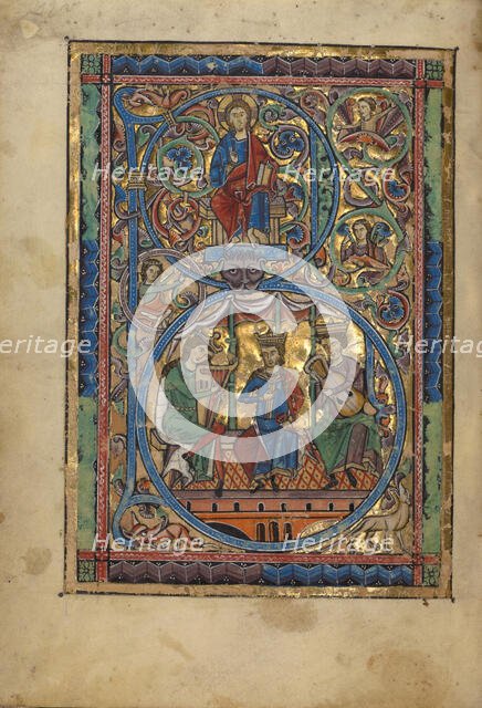 Initial B: Christ in Majesty and David with Musicians; Psalter, about 1240-1250. Creator: Unknown.