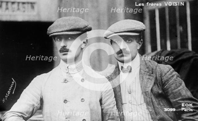 The Voisin brothers, French aviation pioneers. Gabriel Voisin (1880-1973), on the left..., (1912?). Creator: Bain News Service.