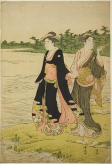 Two Women Waiting for a Ferry on the Sumida River, c. 1787. Creator: Torii Kiyonaga.