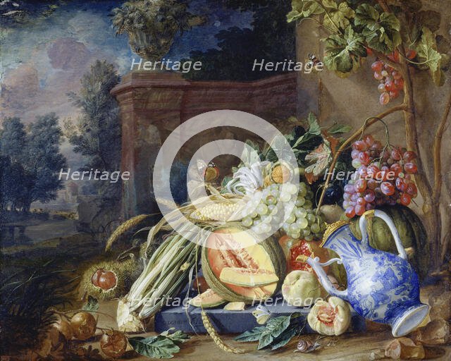 Still Life with Vegetables and Fruit before a Garden Balustrade, 1658. Creator: Cornelis de Heem.