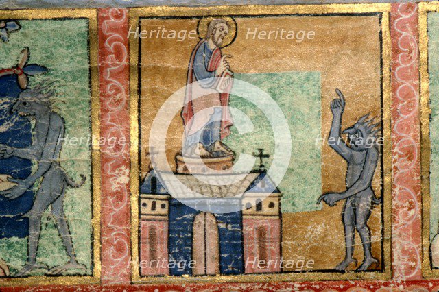 Detail from a Psalter, Temptation of Christ (second) probably illuminated at Canterbury, c1140 Artist: Unknown.