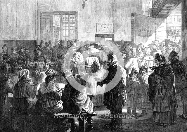 The Distress in Paris: giving soup to the poor at the charity kitchen, rue de Sevres, 1874. Creator: Jenkin.