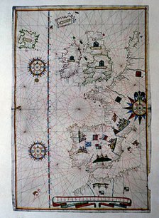 Atlas of Joan Martines, Messina, 1582. Portulan chart of Western Europe showing the Iberian penin…