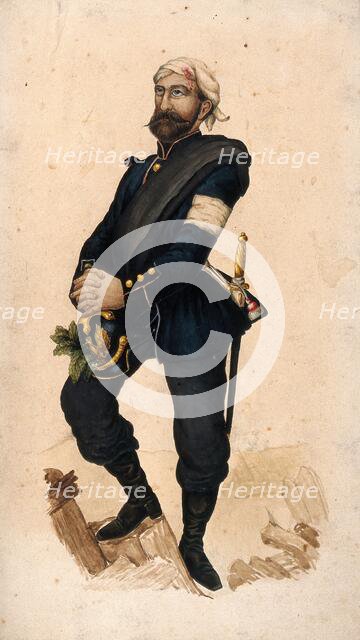 A soldier with wounded head who has inserted medicinal plants in his helmet. Creator: Unknown.