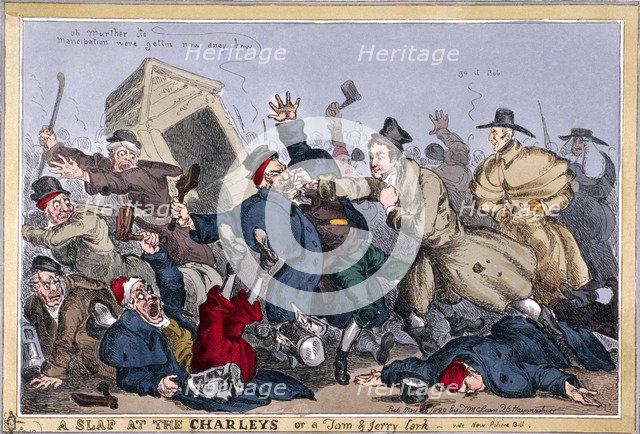 'A slap at the Charleys or a Tom & Jerry lark, vide New Poliece Bill', 1829 Creator: William Heath.