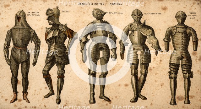 Various European armors from the 12th century coat of mail to the one of the foot infantry.