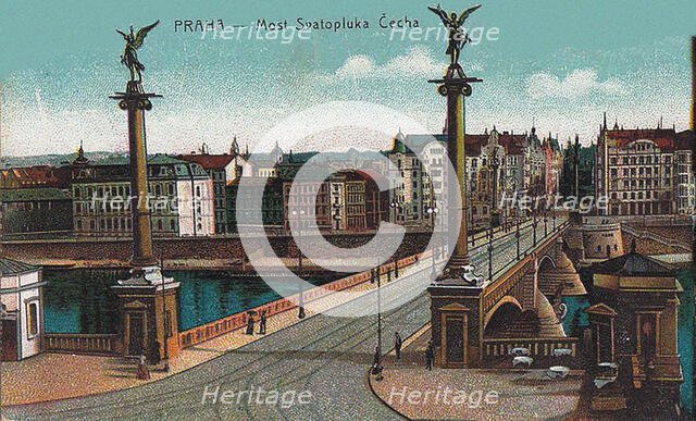 View across Vltava river looking at Cech Bridge and Old Town, c. 1910. Creator: Anonymous.
