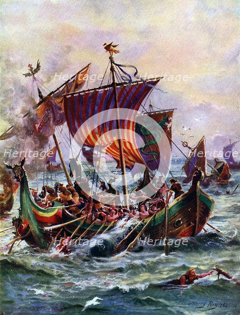 Alfred's galleys attacking the Viking dragon ship, 897 AD, (c1920).  Creator: Harry Payne.