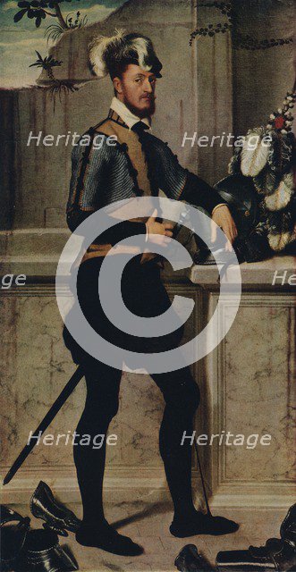 'A Knight with his Jousting Helmet', 1554-1558, (1936). Artist: Giovanni Battista Moroni.